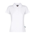 White ladies polo shirt with short sleeves, collar, and button placket in eco-friendly recycled polyester