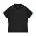 Black kids polo with cyan blue piping detail on collar, shoulders and sleeve cuffs