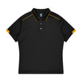 Kids black polo shirt with gold contrast piping on collar, shoulders and sleeve cuffs, three-button placket