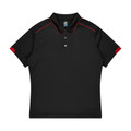 Kids black polo shirt with red contrast shoulder panels, piping detail, and three-button placket — flat lay packshot