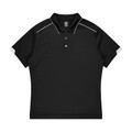 Black polo shirt with white contrast piping on shoulders and collar trim, three-button placket