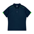 Navy kids polo with neon green piping detail on shoulders and sleeve cuffs creating contrast trim accents