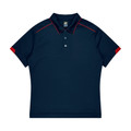 Navy blue polo shirt with red piping trim on collar, shoulders and sleeves