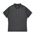 Kids slate grey polo shirt with neon green contrast piping at shoulders and sleeve panels, three-button placket, flat lay