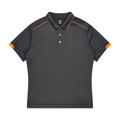 Kids slate grey polo shirt with orange contrast shoulder piping and sleeve panel accents, three-button placket, flat lay