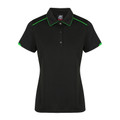 Black ladies polo shirt with vibrant green piping on collar, shoulders and sleeve cuffs featuring textured waffle knit fabric