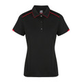 Black ladies polo with red piping detail on collar, shoulders and sleeves, featuring mini waffle knit texture