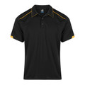Black men's polo shirt with gold shoulder piping, contrast collar trim and sleeve panels, three-button placket