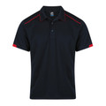 Navy and red men's polo shirt with contrast piping on shoulders and sleeve panels, three-button placket, flat lay