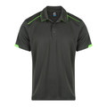 Slate grey men's polo shirt with neon green contrast piping on shoulders and sleeve cuffs, three-button placket, flat lay