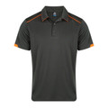 Slate grey men's polo shirt with orange contrast piping on shoulders and sleeves, three-button placket, flat lay