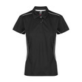Black ladies polo shirt with white piping contrast along shoulders and side seams