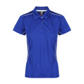 Royal blue ladies polo shirt with white piping detail along shoulders and sides
