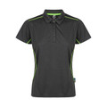 Charcoal grey ladies polo shirt with neon lime piping detail along shoulders and side panels