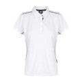 White ladies polo shirt with navy piping detail along shoulders and sides, featuring short sleeves and button placket