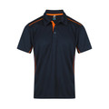 Navy polo shirt with orange contrast piping on shoulders and sides, orange inner placket detail