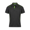 Charcoal grey polo shirt with lime green contrast piping along shoulders and sides, featuring collar and button placket