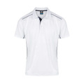 White polo shirt with navy piping detail on shoulders and sides, contrast inner placket, mesh knit fabric