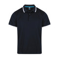 Navy short-sleeve polo with white tipped collar and cuffs, three-button placket, flat front chest panel