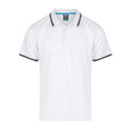White men's polo shirt with charcoal contrast tipping on collar and sleeve cuffs, three-button placket, flat lay packshot