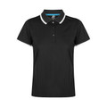 Black ladies polo shirt with white contrast collar tipping and button placket