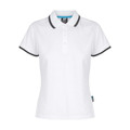 White ladies polo shirt with charcoal contrast tipping on collar and sleeves