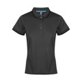 Charcoal ladies polo shirt with black contrast collar and sleeve cuffs, three-button placket, flat front panel