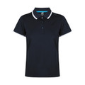 Navy blue ladies polo shirt with white contrast collar trim and matching sleeve cuffs