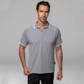 Man wearing silver grey raglan polo shirt with white contrast collar and sleeve cuffs, smooth dri-wear fabric