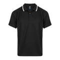 Black polo shirt with white contrast collar piping and raglan sleeves with contrast trim