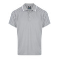 Light grey raglan polo shirt with white contrast collar and sleeve piping, three-button placket