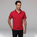 Man wearing red and white striped short sleeve polo shirt with tipped collar and three-button placket