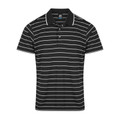 Black polo shirt with white horizontal stripes and contrast white tipping on collar and sleeves