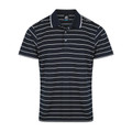 Navy blue polo shirt with white horizontal stripes and contrast sleeve tipping