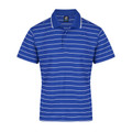 Royal blue polo shirt with fine white horizontal stripes and contrasting collar trim