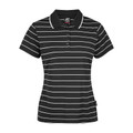 Black ladies polo shirt with white horizontal stripes and contrast collar trim
