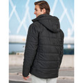 Man wearing black hooded puffer jacket with horizontal quilted panels, rear view, outdoor urban setting