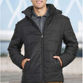 Man wearing black quilted puffer jacket with attached hood, front zip closure and hand pockets
