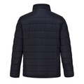 Navy quilted puffer jacket back view with horizontal channel stitching and stand collar