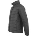 Charcoal grey quilted puffer jacket with stand collar and zip front closure shown in side angle view