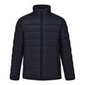 Navy blue quilted puffer jacket with full front zip and stand collar on white background