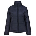Navy ladies puffer jacket with stand collar, centre-front zip, quilted panels and side zip pockets