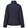 Back view of navy ladies puffer jacket with horizontal quilted panels and stand collar