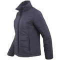 Navy quilted women's puffer jacket with stand collar, full-length zip and side pockets