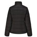 Back view of black ladies puffer jacket with horizontal quilting, stand collar and contoured side panels