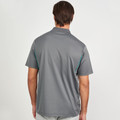 Charcoal grey polo shirt with teal contrast side panels shown from back, short sleeves and ribbed collar visible