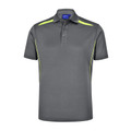 Charcoal grey polo shirt with fluorescent yellow contrast piping on shoulders and sides