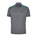 Charcoal grey polo shirt with teal contrast piping along shoulders and side panels
