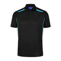 Black polo shirt with cyan contrast piping on shoulders and sides, featuring button placket and short sleeves