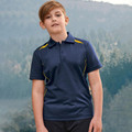 Navy polo shirt with gold contrast panels on shoulders and yellow piping detail along sides